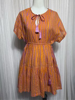 Oliphant Short Sleeve Tasseled Striped Dress Size XS